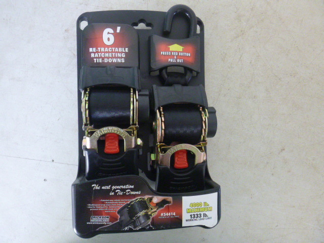 lot 5 image: Pair of Erickson Retractable Ratcheting Tie Downs with J Hooks