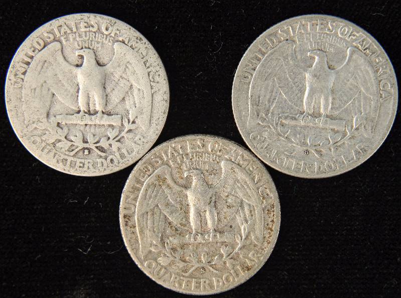 GROUP OF 3 WASHINGTON SILVER QUARTERS 1943-2, 45-D & 51-S