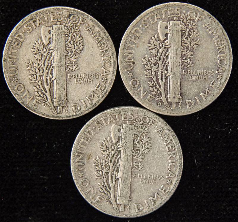 GROUP OF 3 MERCURY SILVER DIMES 1939, 43-D & 44
