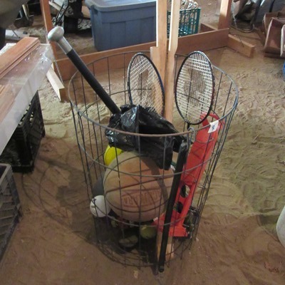 Wire Basket with Sporting Goods