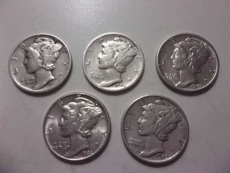 1941, 1942 S, 1943 D, 1944, 1945 S Mercury Dimes Very High Grades & Brilliant