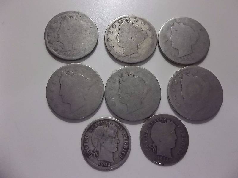 6-V-Nickels 1880s Weak Dates & 2 Barber Dimes 1903, 1913