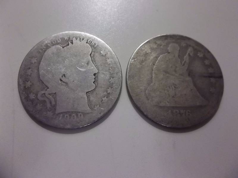 1876 CC Seated Liberty Quarter, 1909 Barber Quarter