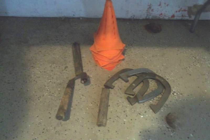 3 horse shoes, play orange cones and hedge trimmer