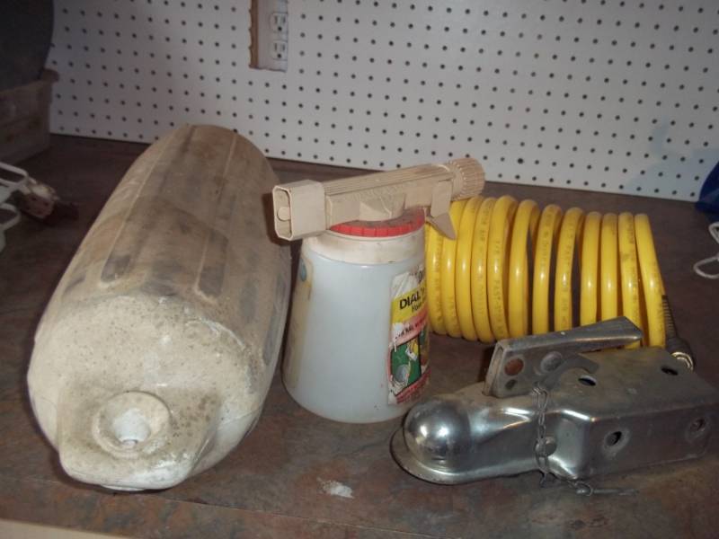 Ball hitch, boat fender, air hose, sprayer