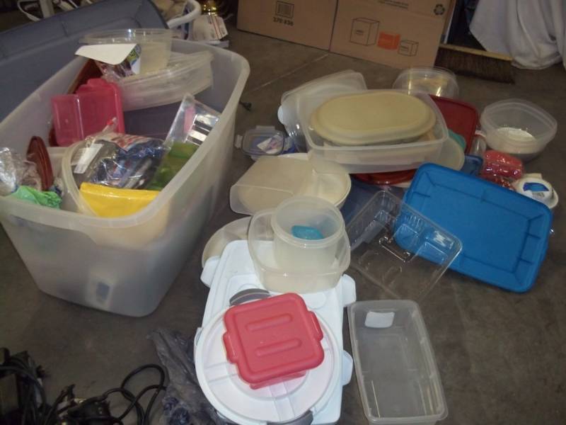 Large Assortment of Storage Containers & Paper Products includes Large Tote with cover