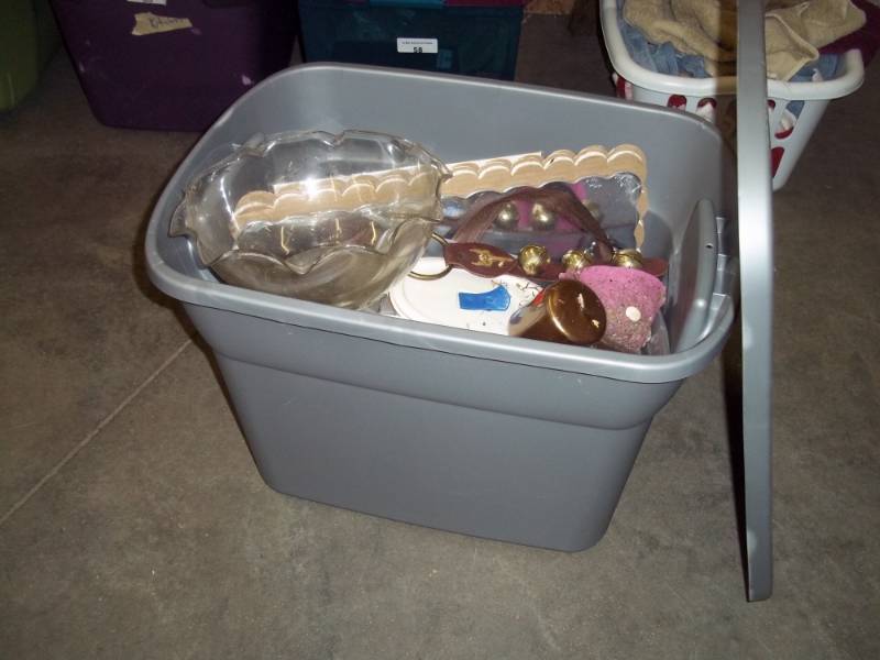 Gray Tote with non matching lid  includes contents