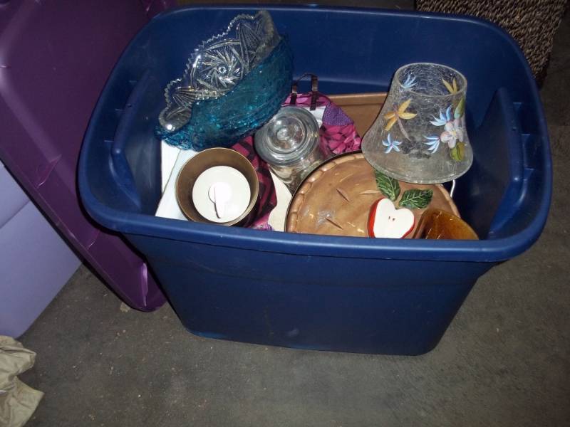 Blue Tote with non matching lid  includes contents