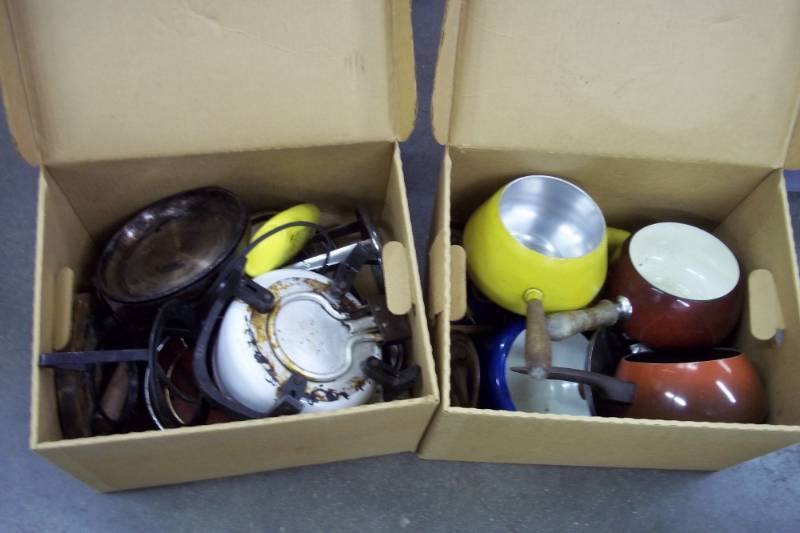 Lot of 2 Boxes of Fondue Pots with Bases