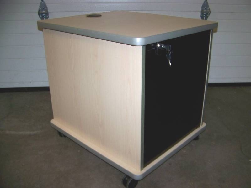 lot 83 image: Small  Compact, Light Oak Finish, Computer  Audio  Video Equipment Rack on Wheels with Lockable Front Door