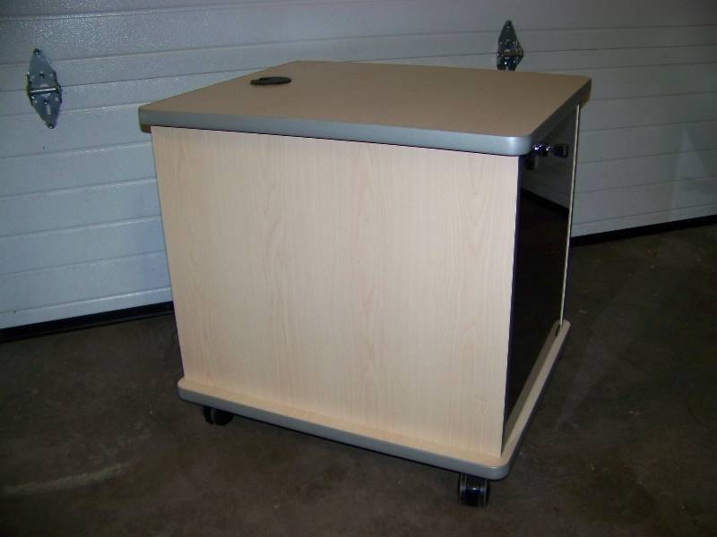 lot 84 image: Small  Compact, Light Oak Finish, Computer  Audio  Video Equipment Rack on Wheels with Lockable Front Door