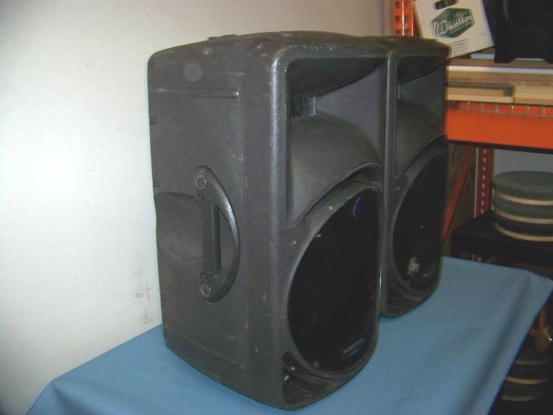 lot 8 image: (2) Mackie, SRM450 (V1 - original, made in Italy) 300-Watt, 12-Inch, Portable, Powered, Compact Active Loudspeakers  Speakers
