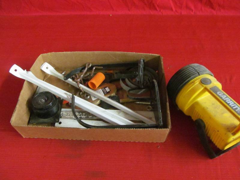 flashlight, brackets, paint brushes