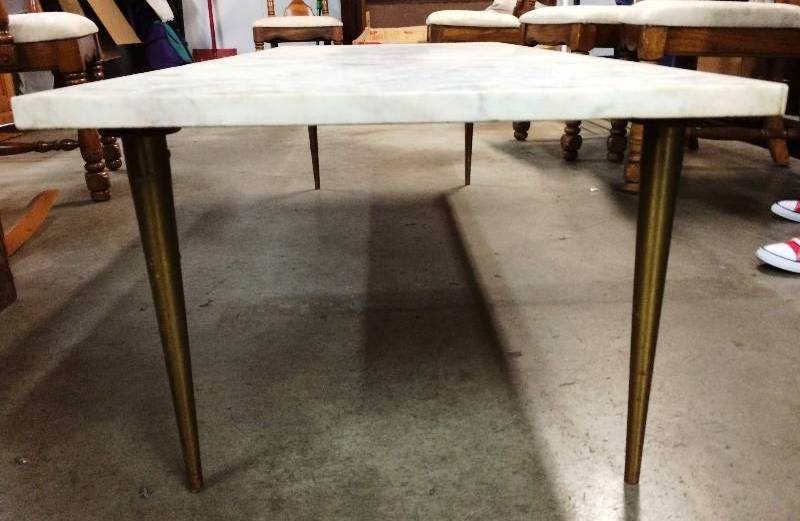 lot 26 image: Rare Retro Mid Century Modern Marble Tile Inlayed Coffee Table With Brass Colored Tapered Legs - Interesting Piece  Vintage Condition - Some Wear