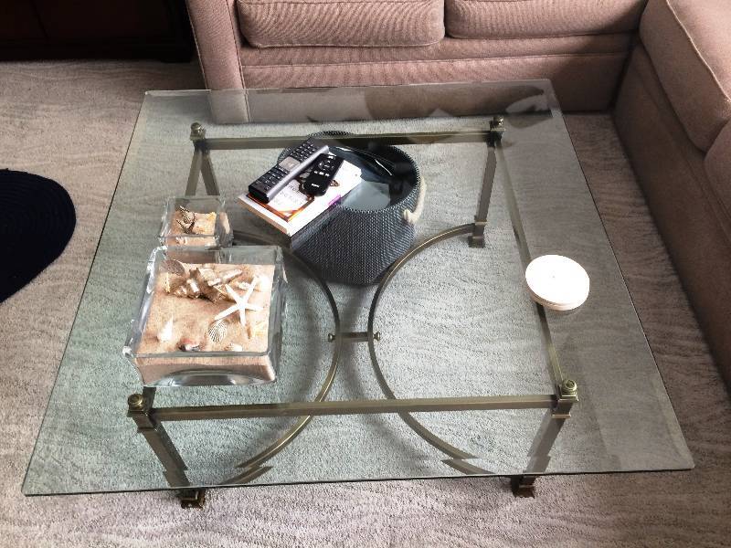 lot 22 image: Beautiful Contempory Classical Brass Bronze Square Thick Glass Coffee Table - Excellent Condition - Contents NOT Included