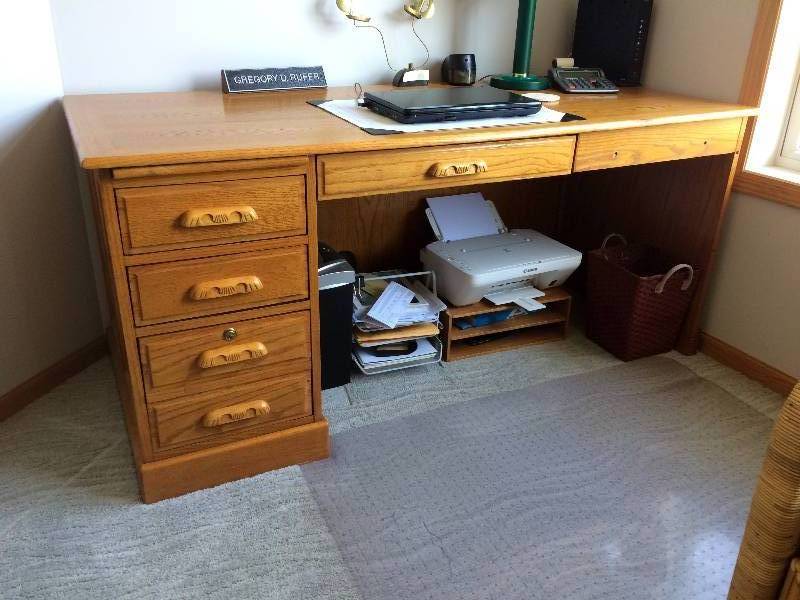 lot 28 image: Awesome Part Of The Bahama Bedroom Set - High Quality L Shaped Right Return Executive Home Office Desk Workstation with Fun Tiki Style Carved Wood Handles - Excellent Condition No Contents Included