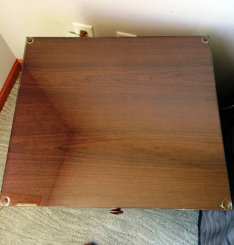 lot 7 image: High Quality Perdue Woodworks Glass Top Nightstand End Table - Solid Construction - Need Paint Touchups - Glass Top and Wood Top Super