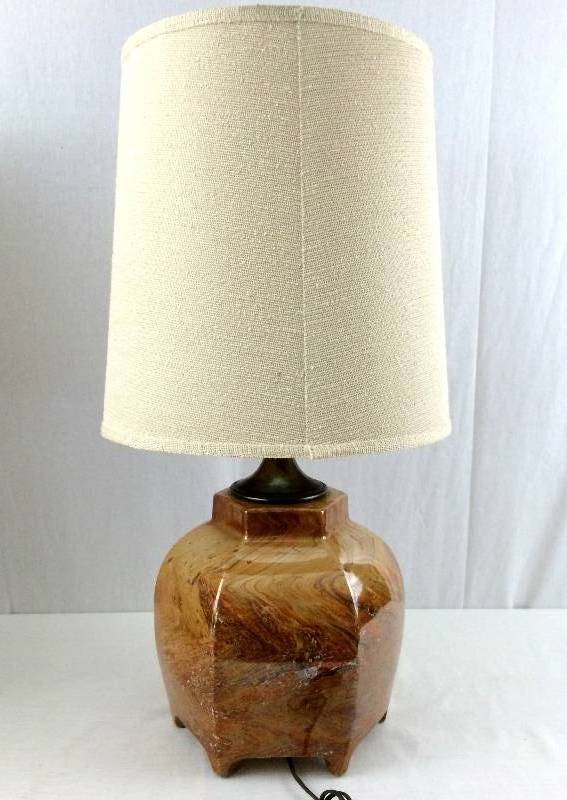 lot 19 image: WOW Mid Century Modern Retro Chic Eames Era Orange Volcanic Lava Glazed Art Pottery Lamp With Fabric Shade - Matching Lamp In Lot 18 - No Chips Great Working Condition