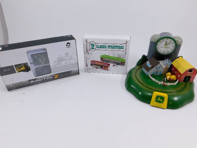 John Deer Alarm Clock, RC Tanks, and Streetcar Toys