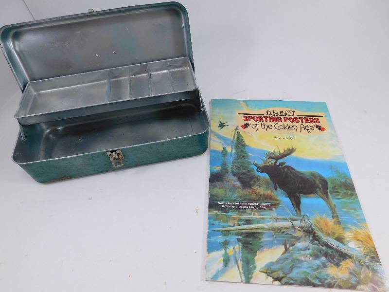 Vintage Metal Tackle Box and Book of Sporting SignsPosters