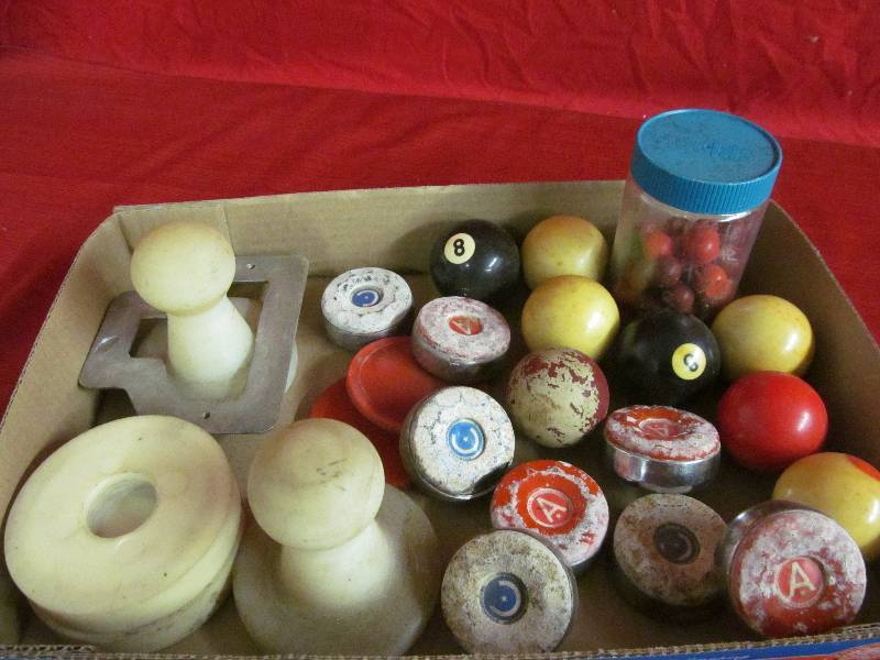 lot 232 image: pool balls, air hockey handles, pucks