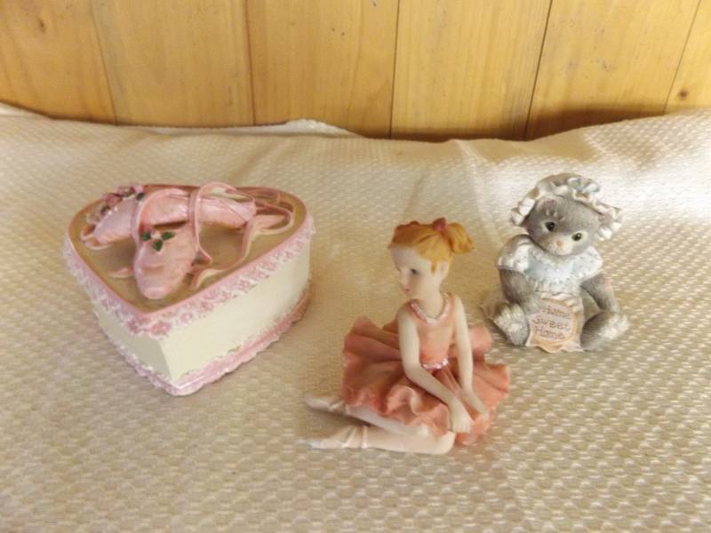 Ballerina Figurine, Bunny Figure and Heart Shaped Trinket Box