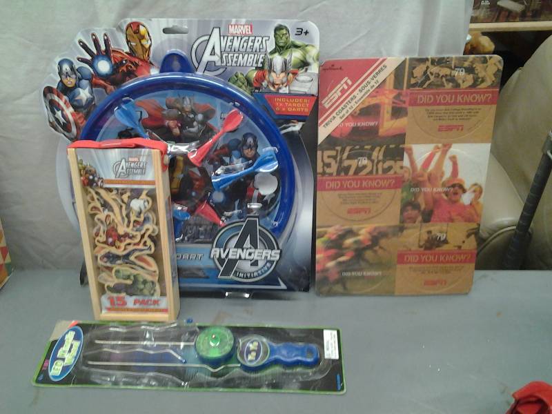 lot 32 image: New Toys, Avenger Dart Set, Avengers Wooden Magnetic Heroes, YoYo Wheel, ESPN Trivia Coasters