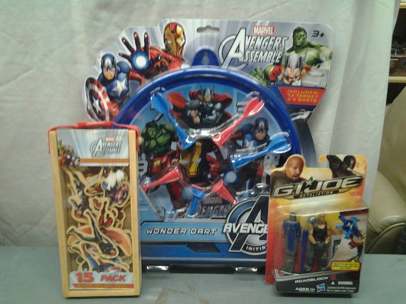 lot 34 image: New Toys Avengers Dart Set, Avengers Wooden Magnetic Heroes, GI Joe Figure