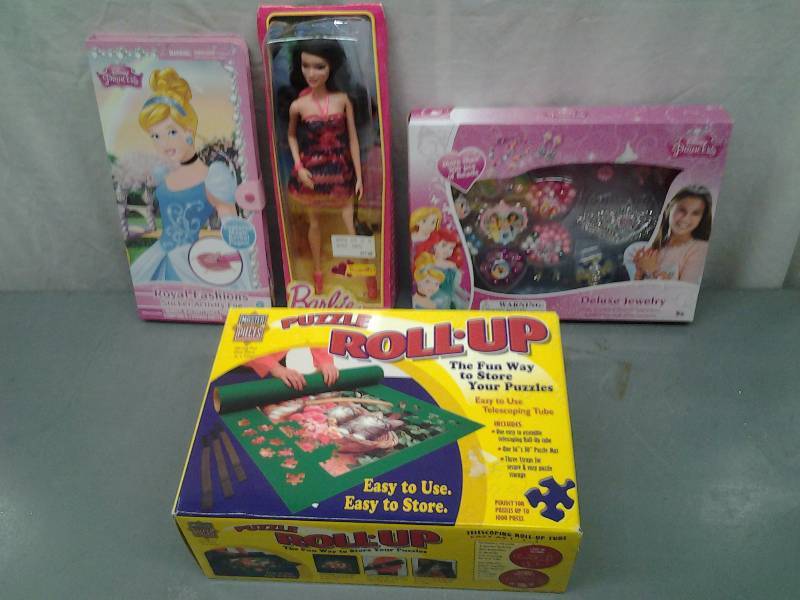 lot 36 image: New Toys Puzzle Roll-Up, Disney Princess Jewelry Set, Barbie Doll, Disney Princess Sticker Set