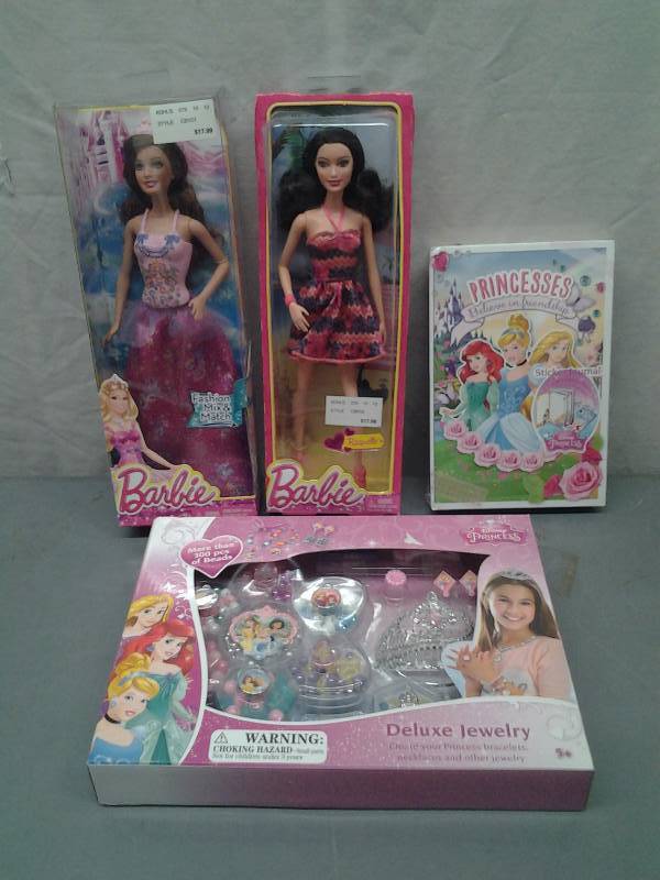 lot 37 image: New Toys 2-Barbie Dolls, Princess Sticker Journal & Jewelry Set