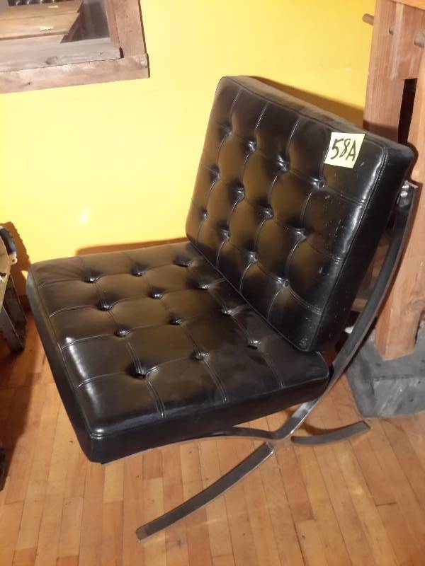lot 58A image: Black faux leather tufted and Chrome Mid Mod wide chair