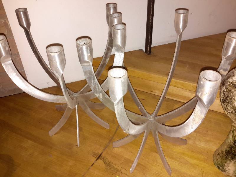 lot 110 image: Aluminum Student made Candelabra.. Pottery Candelabra