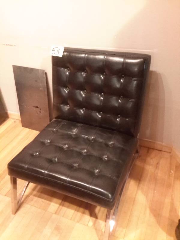 lot 58B image: Black faux leather tufted and Chrome Mid Mod wide chair