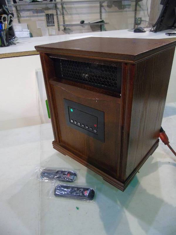 lot 73 image: McLeland Design 4-Element Infrared Heater  Dark Oak Wood Cabinet