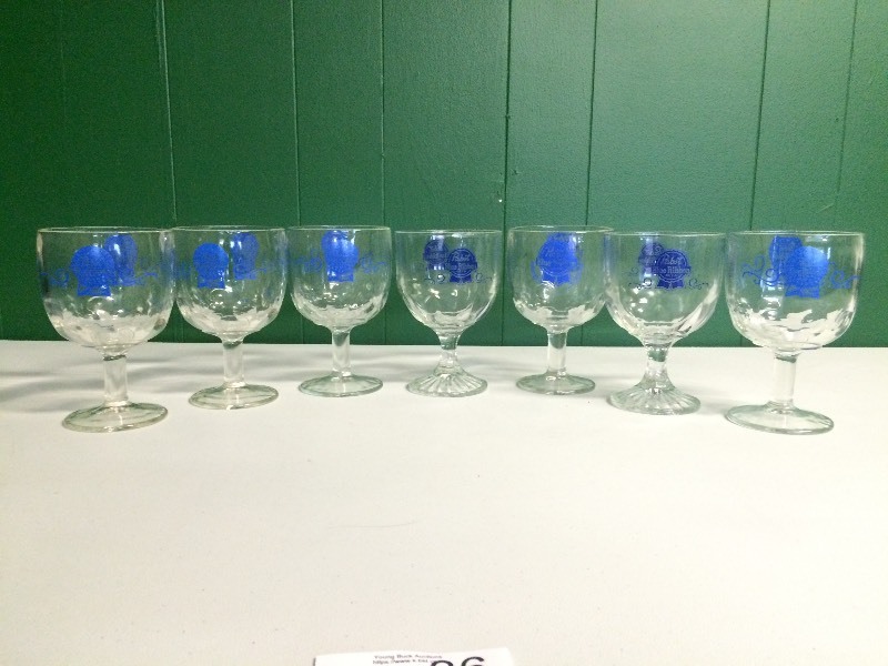 lot 36 image: 7 PABST BLUE RIBBON GLASSES GOBLETS
