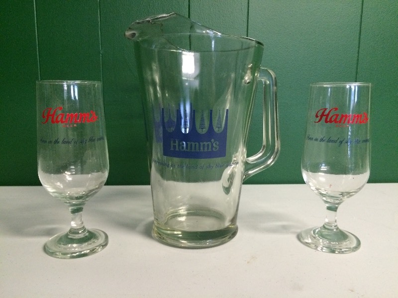 lot 46 image: HAMMS PITCHER & TWO GLASSES