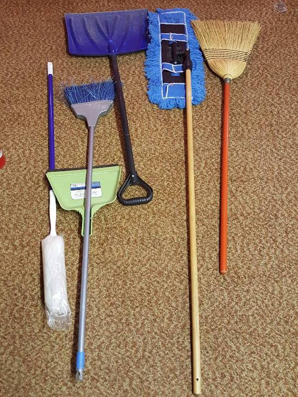 lot 221 image: Group of Brooms, Dusters, Shovel, Etc.