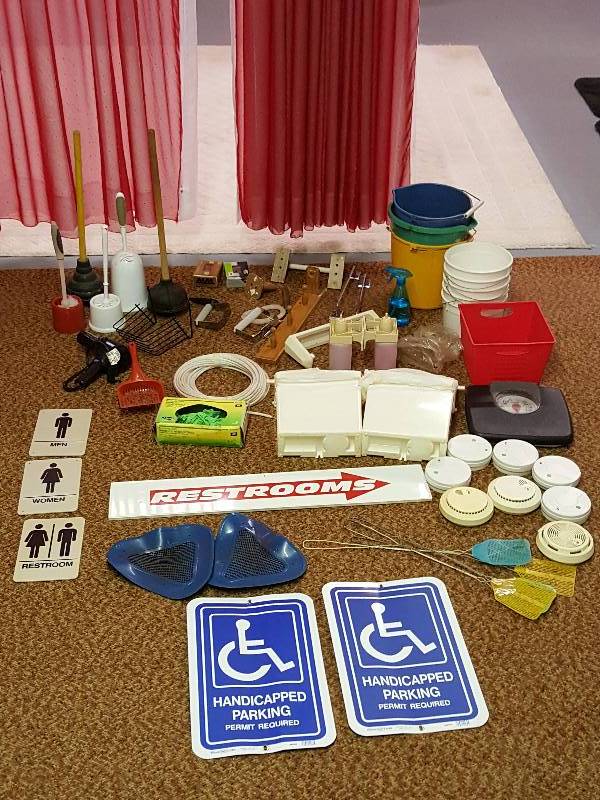 lot 222 image: Large Group of Restroom Supply, Signs, Fire Alarms, Etc.