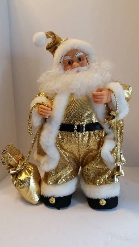 lot 1 image: Wind Up Golden Costumed Christmas Santa - Sings Santa Claus Is Coming To Town as Head Sways Side to Side