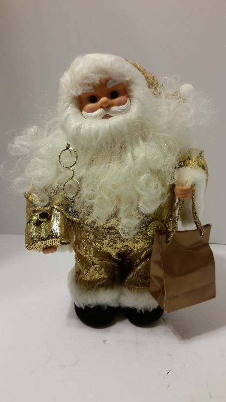 lot 20 image: 13 Wind Up Golden Costumed Christmas Santa - Sings Santa Claus Is Coming To Town as Head Sways Side to Side