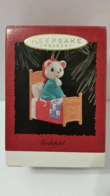 lot 45 image: Hallmark Keepsake Ornament - Godchild Mouse on the Bed 1996 Edition Ornament in Original Box