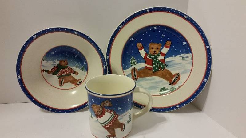 lot 124 image: Mikasa 3 piece China Serving Set Skating Bears New In Original Box