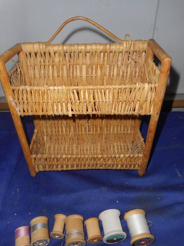 VINTAGE WOODEN SPOOLS AND WICKER WALL BASKET