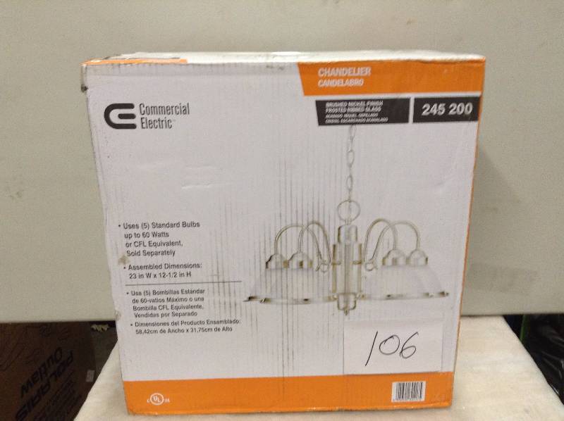 Commercial Electric Halophane 5 Light Brushed Nickel Chandelier never used