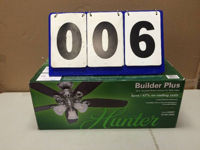 Hunter Builder Plus 52 in. 3-Light Brushed Nickel Ceiling Fan stock and actual photos used to display item