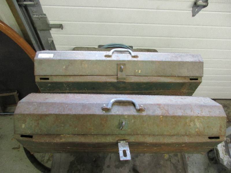 lot 60 image: 2 antique tool boxes w random nuts and bolts