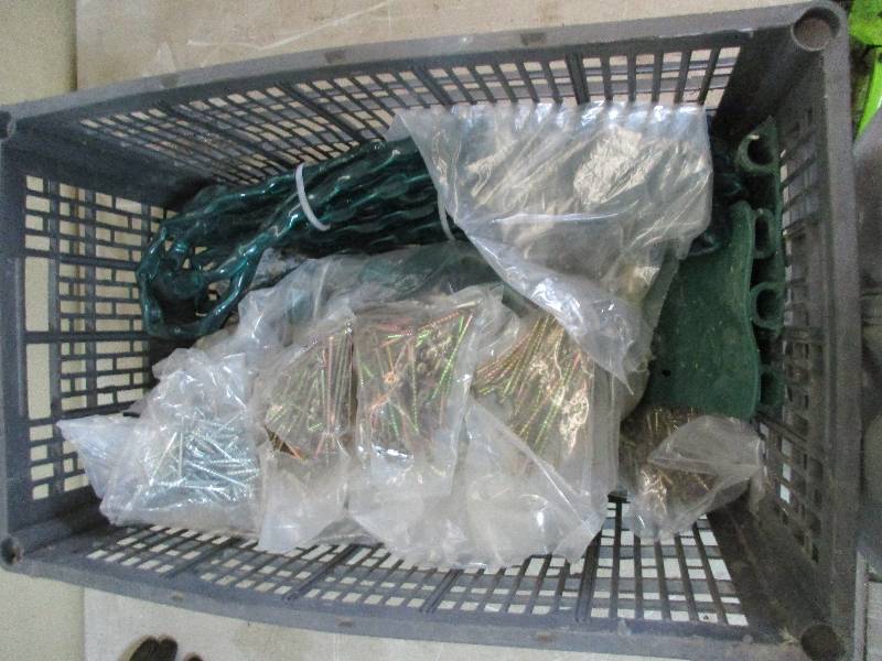 lot 107 image: misc bin of new screws and small plastic coated chain