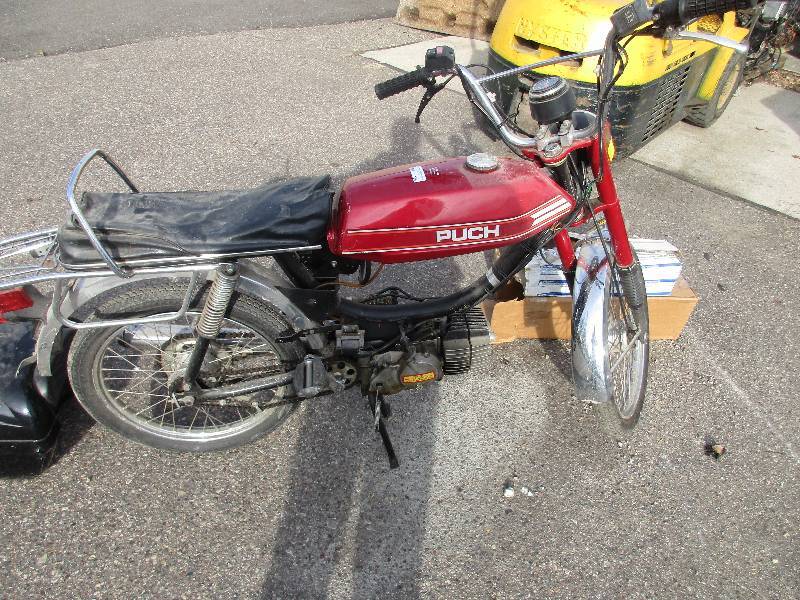 lot 135 image: Puch - pedal start motor  bike w 2 extra seats and storage bin