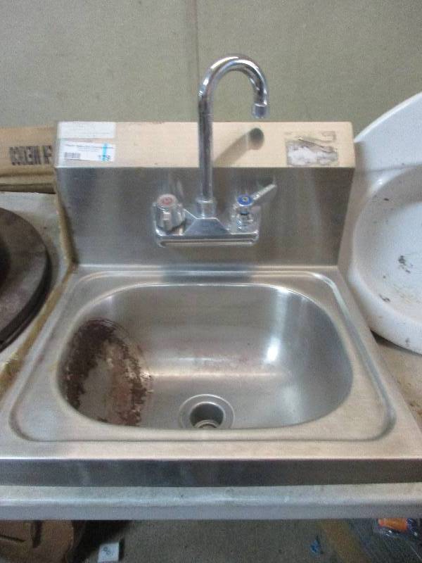 lot 179 image: stainless steel hand washing sink w 2 porcelain sinks and one circle garbage can lid