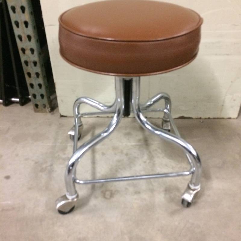 lot 2 image: Dental Doctors Spin Lift Exam Stool Chair Brown Seat With Foot Rest Bar Industrial Steel Look - Excellent